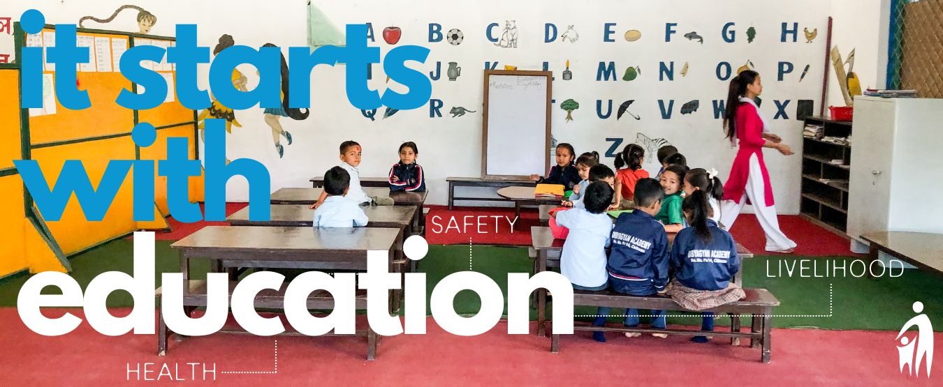 Picture of a classroom with primary aged kids in Bangladesh. Text reads, "It Starts With Education"